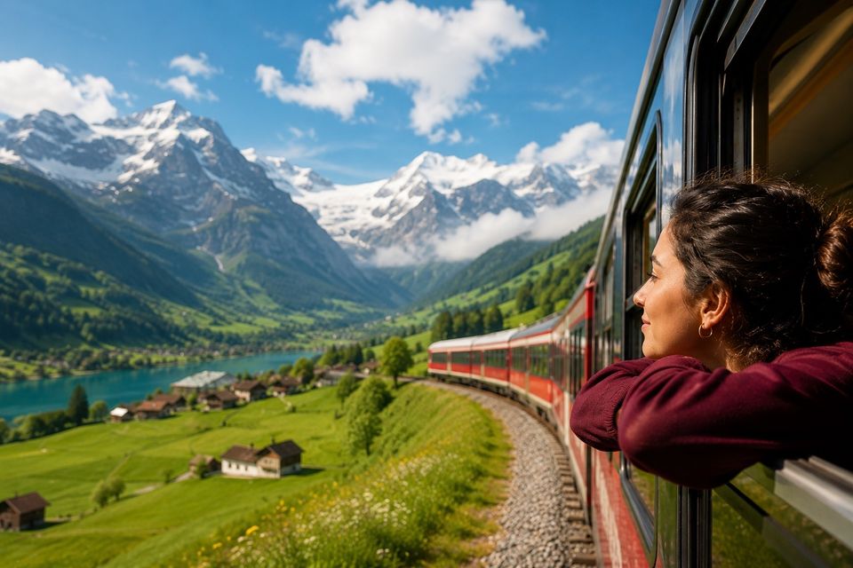 En passager ser ud gennem vinduet i et kørende tog, der passerer gennem et bjerglandskab med grønne dale, en blå sø og snedækkede bjergtoppe.